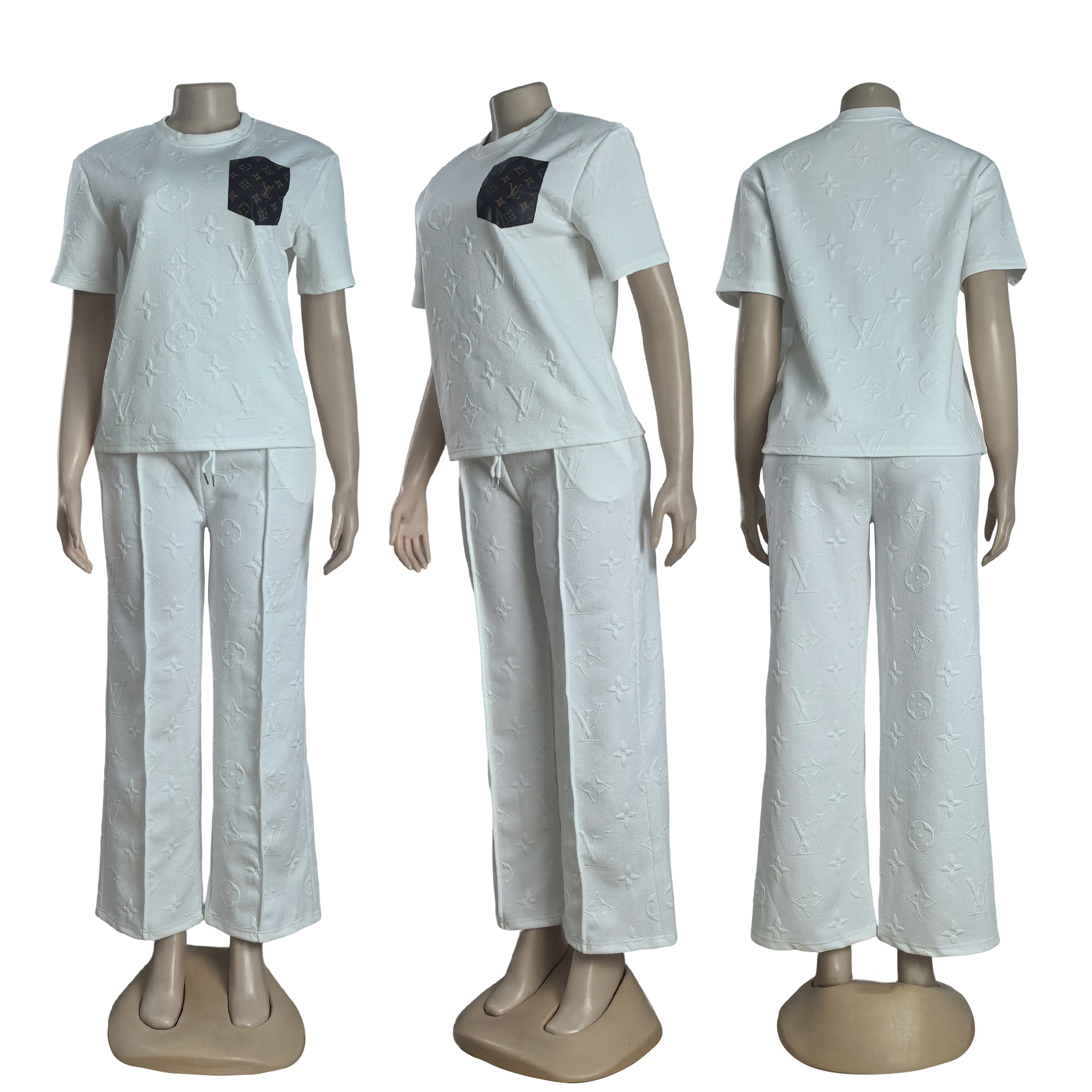 Women casual Pu-Leather pocket short-sleeved top and long pants jacquard two-piece set