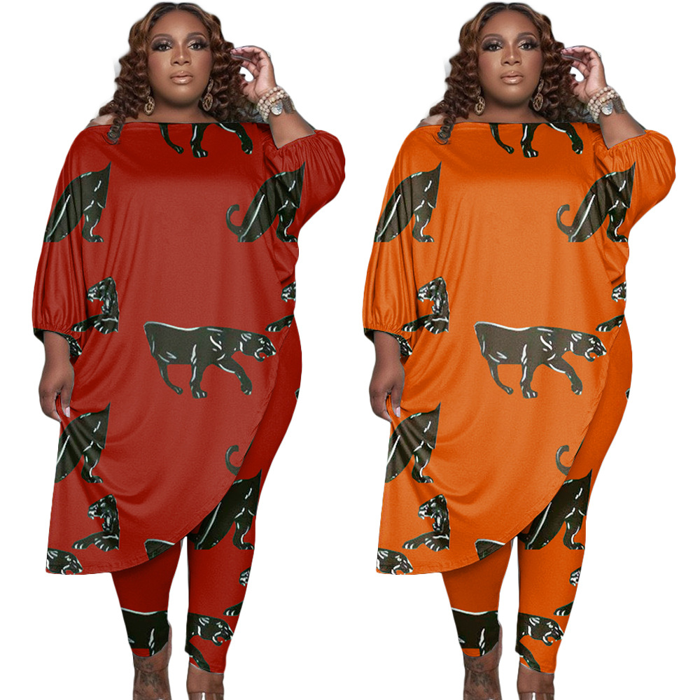 Plus Size Women Printed Slash Shoulder Top and Pants Two-piece Set