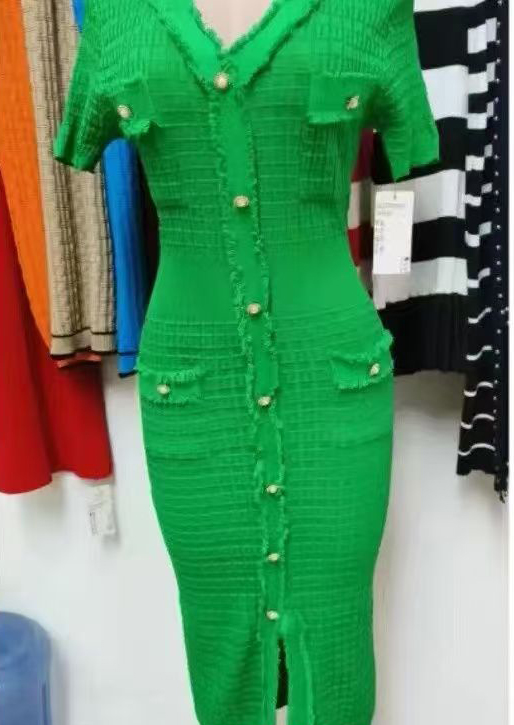 Women V-neck tassel slit knitting dress