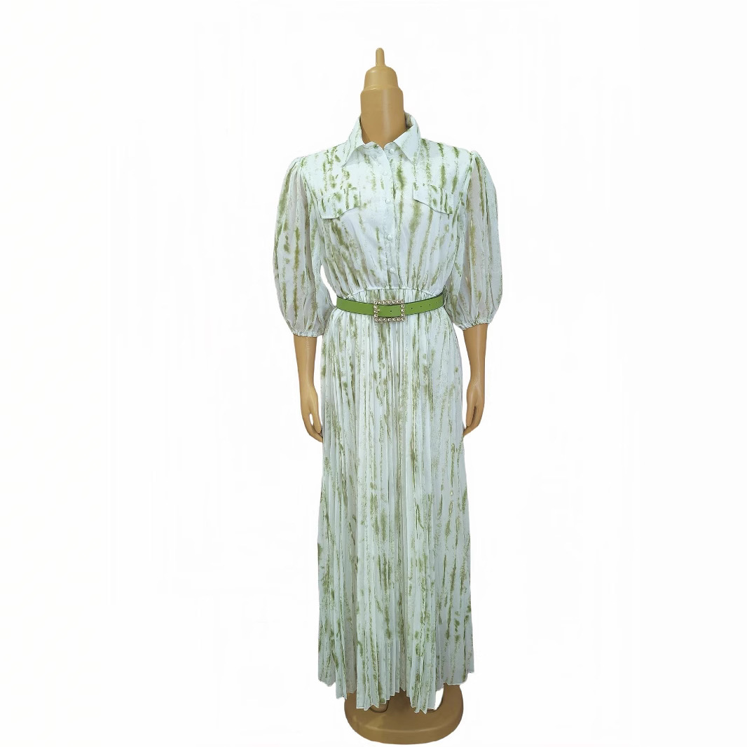 African Women Printed Turndown Collar Long Sleeve Chiffon Dress with Belt