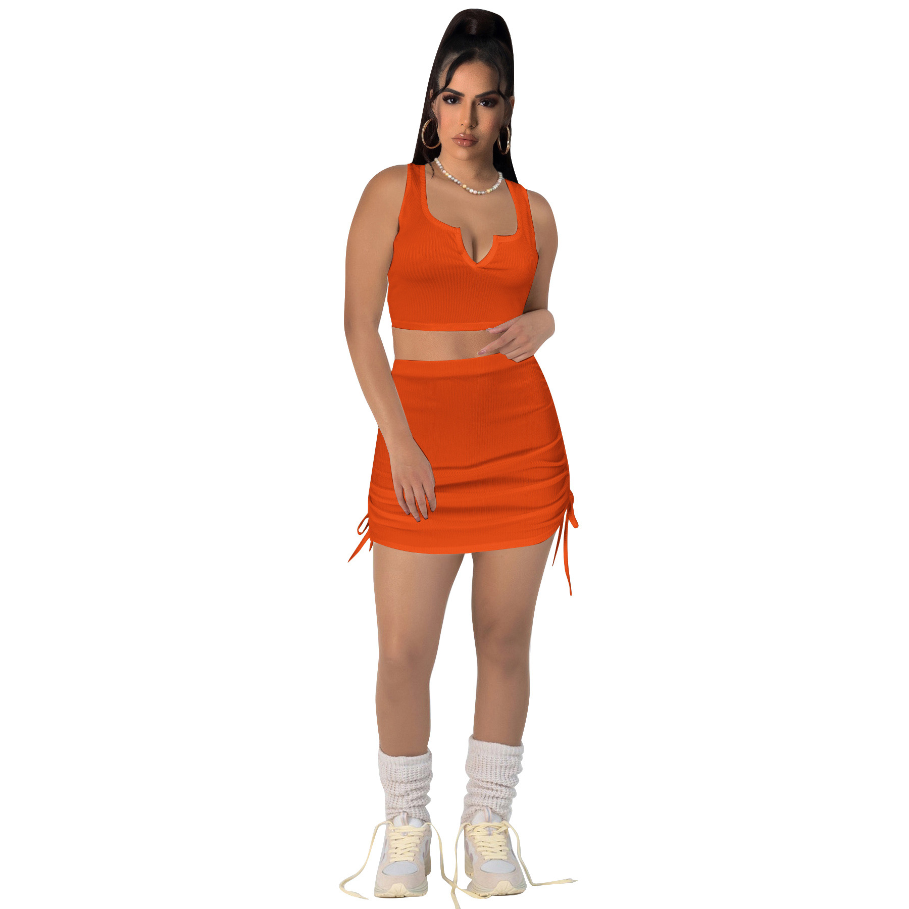 Women Stretch sexy v-neck Top and drawstring Solid Skirt two-piece set