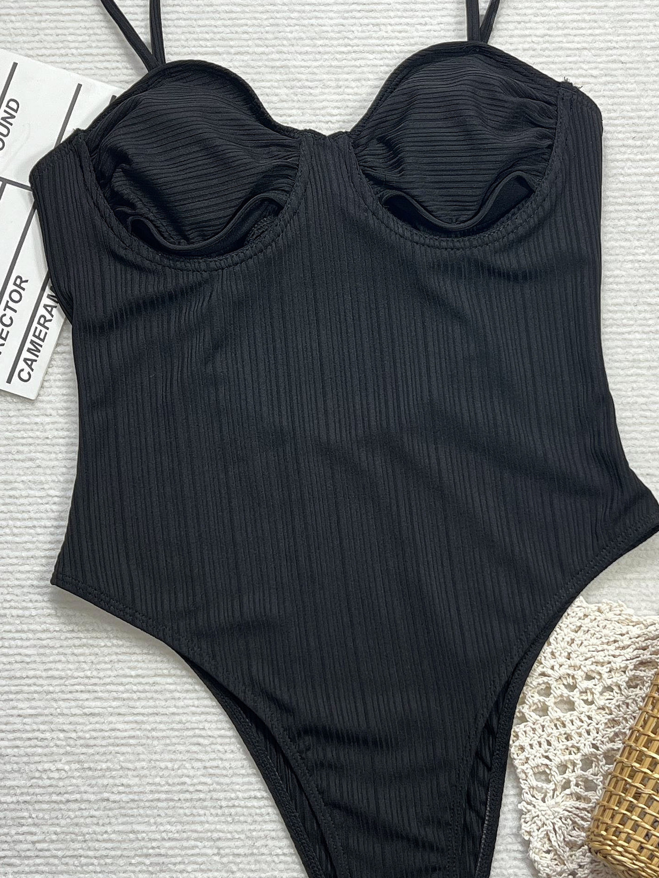 Women Black Hollow Lace-Up One-Piece Swimwear