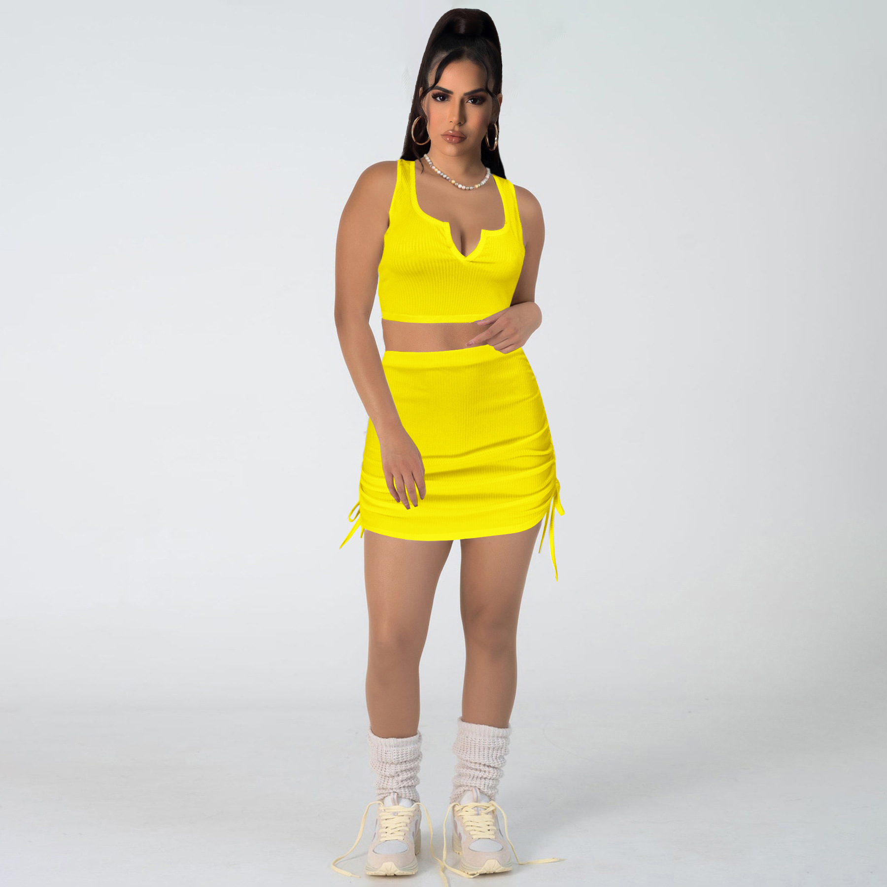 Women Stretch sexy v-neck Top and drawstring Solid Skirt two-piece set