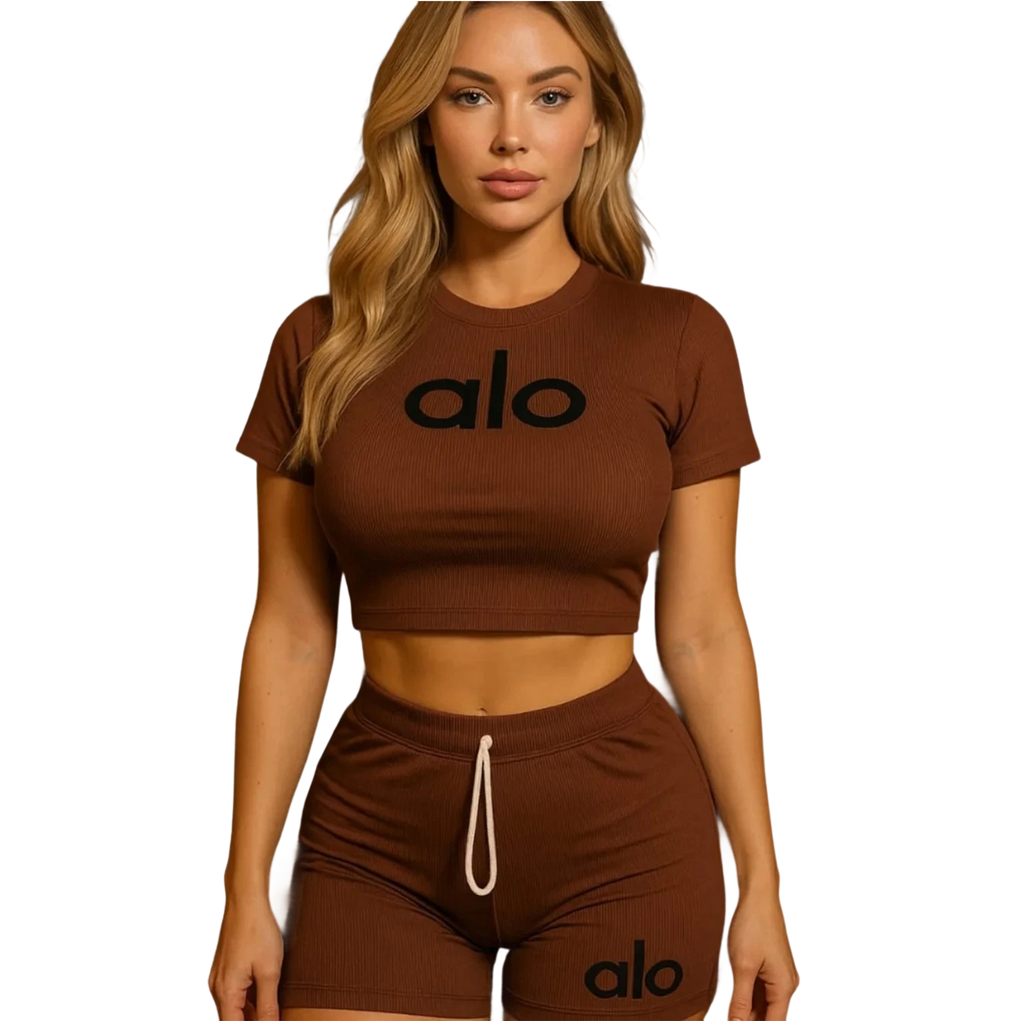Women summer Stretch Round Neck short-sleeved top and shorts two-piece set