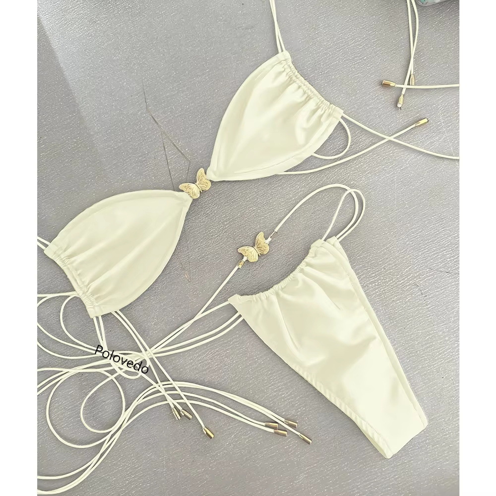 Women Bikini Butterfly Gold Sexy Solid Lace-up Two Pieces Swimwear