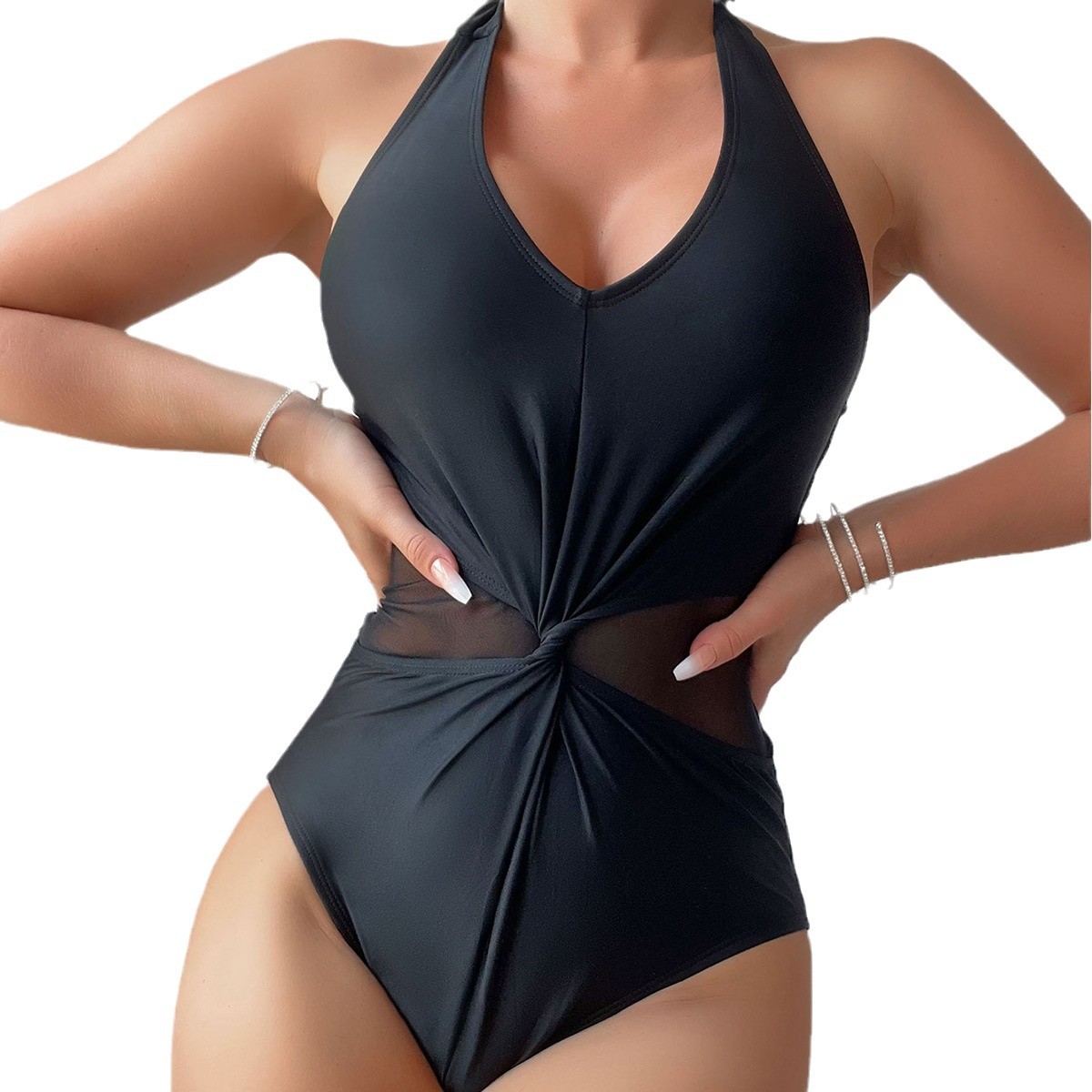 Halter Pleated Mesh Slim Fit Sexy One-Piece Swimsuit
