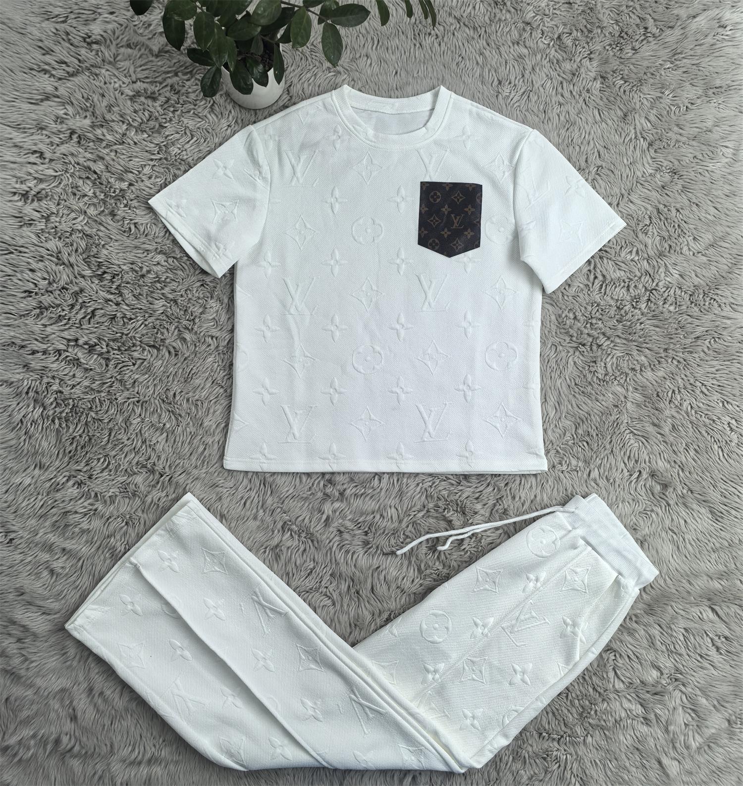 Women casual Pu-Leather pocket short-sleeved top and long pants jacquard two-piece set