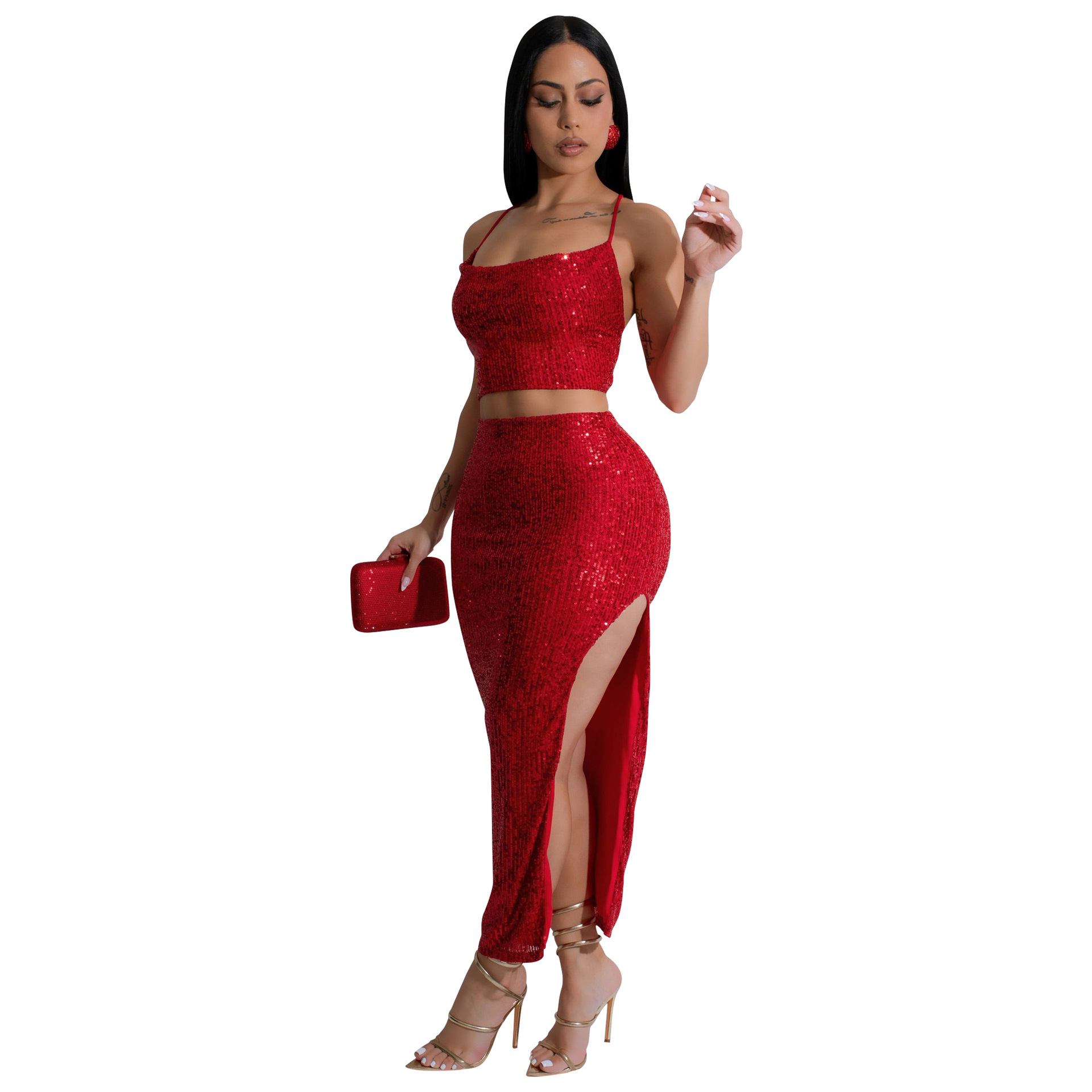 Women sexy sequined dress camisole top slit Skrit Two Piece Set