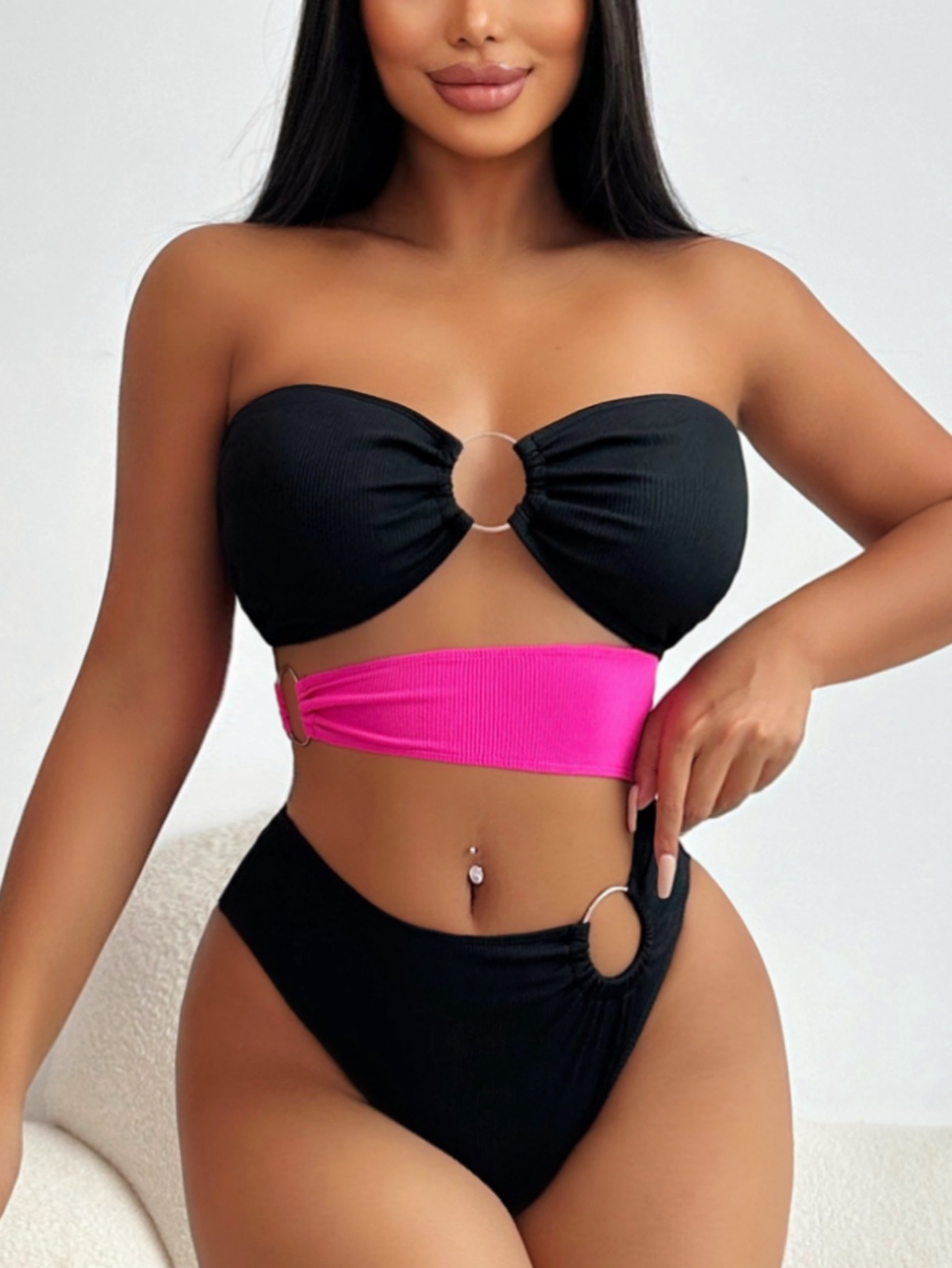 Contrast Color Strapless One-Piece Sexy Swimsuit