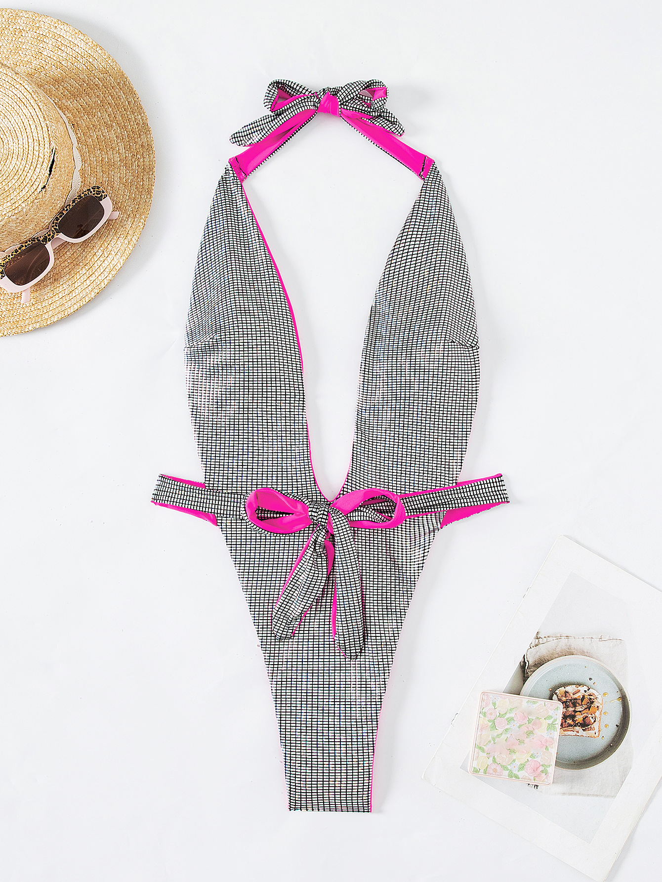 Sexy Shiny String Bow Tie Halter Neck One-Piece Women's Swimsuit