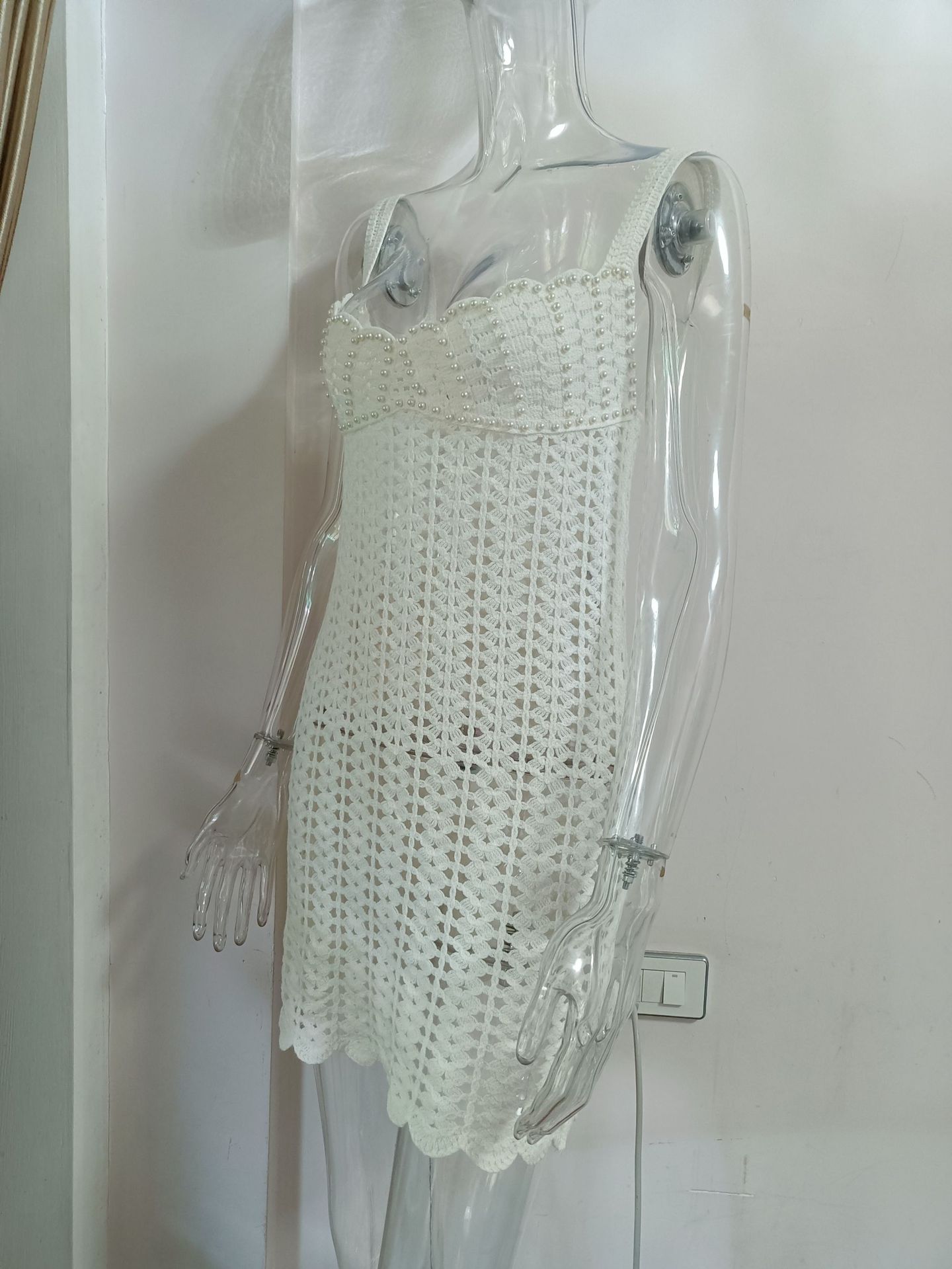 Women knitting v-neck pearl hollow Strap Dress