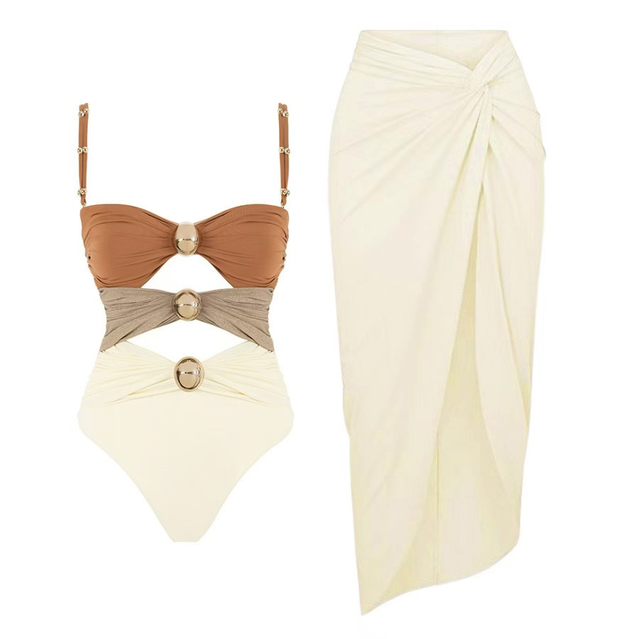 Women Color Block Hollow Sexy One-Piece Swimwear  Two-Piece Set