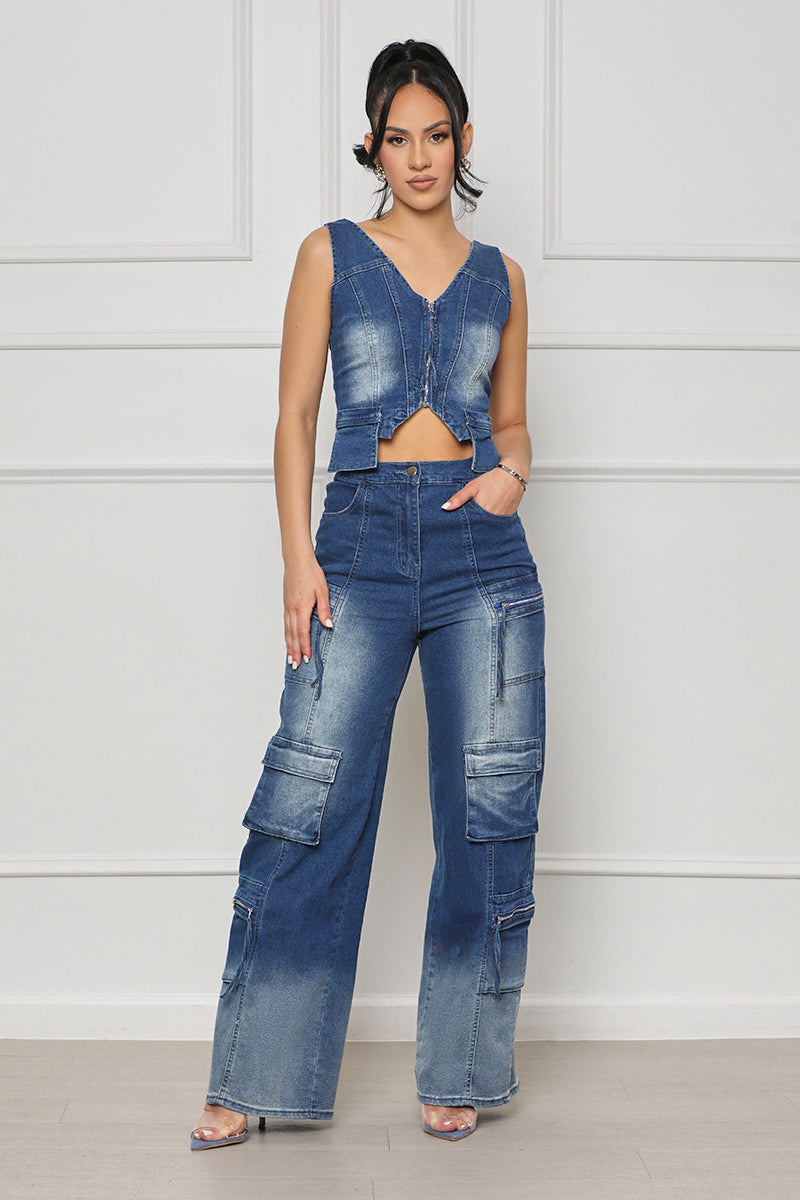 Women Casual Retro Vest and Multi-Pocket Wide Leg Pants Two-piece Set