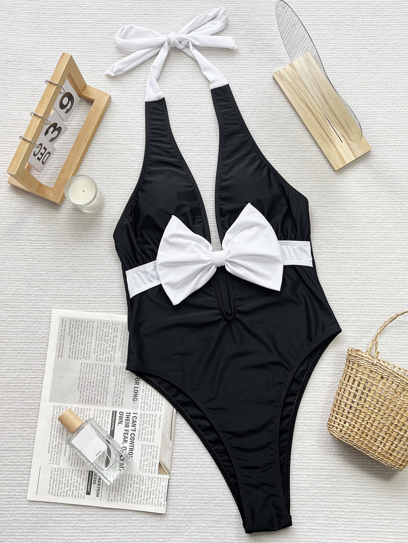 Women bikini black and white contrast bow tie Lace-Up one-piece swimsuit