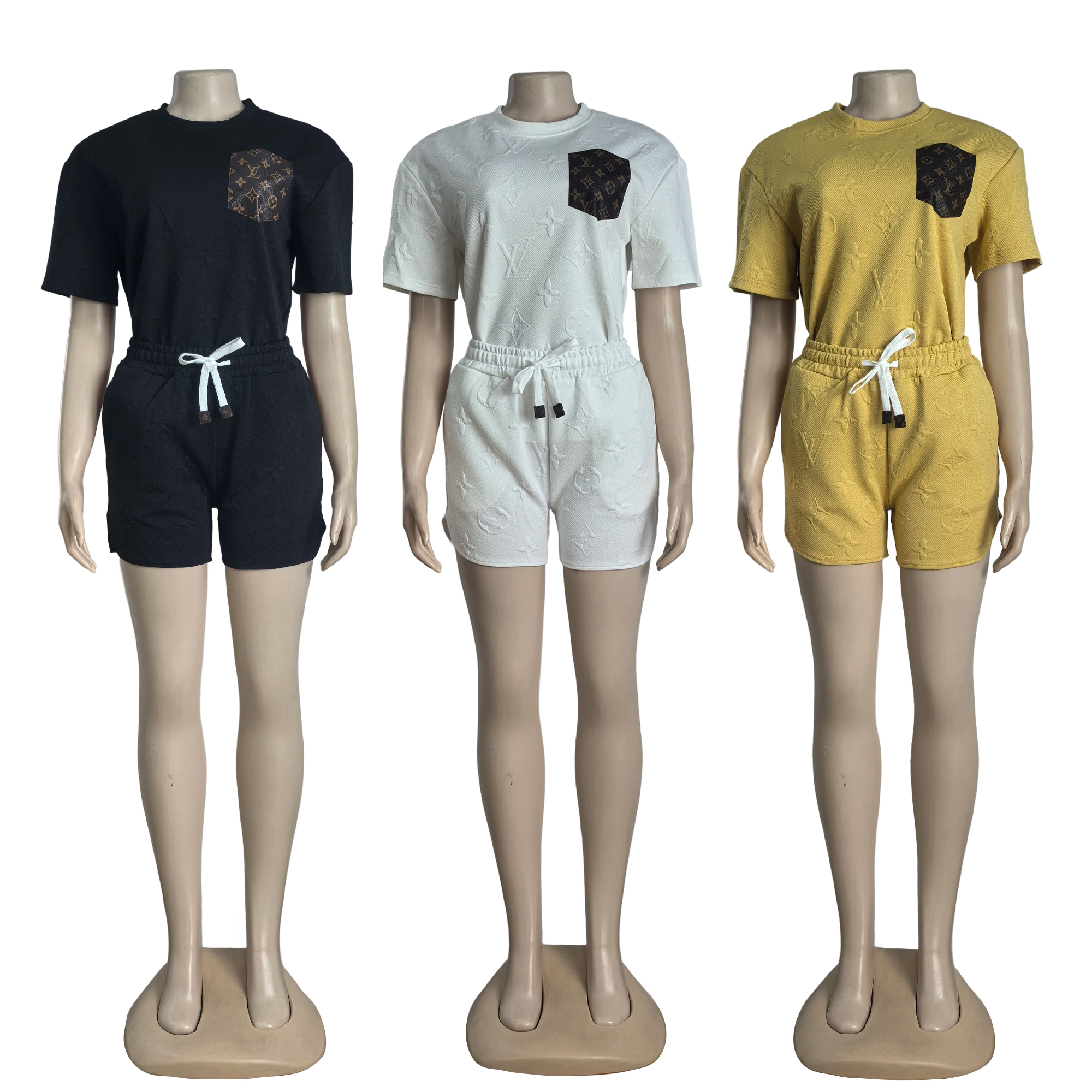 Women casual Pu-Leather pocket jacquard short-sleeved top and shorts sports two-piece set