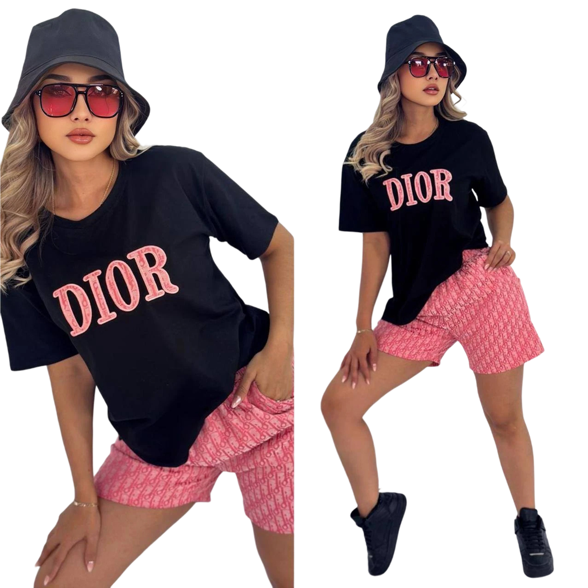 Women summer embroidery + printed short-sleeved top and shorts two-piece set