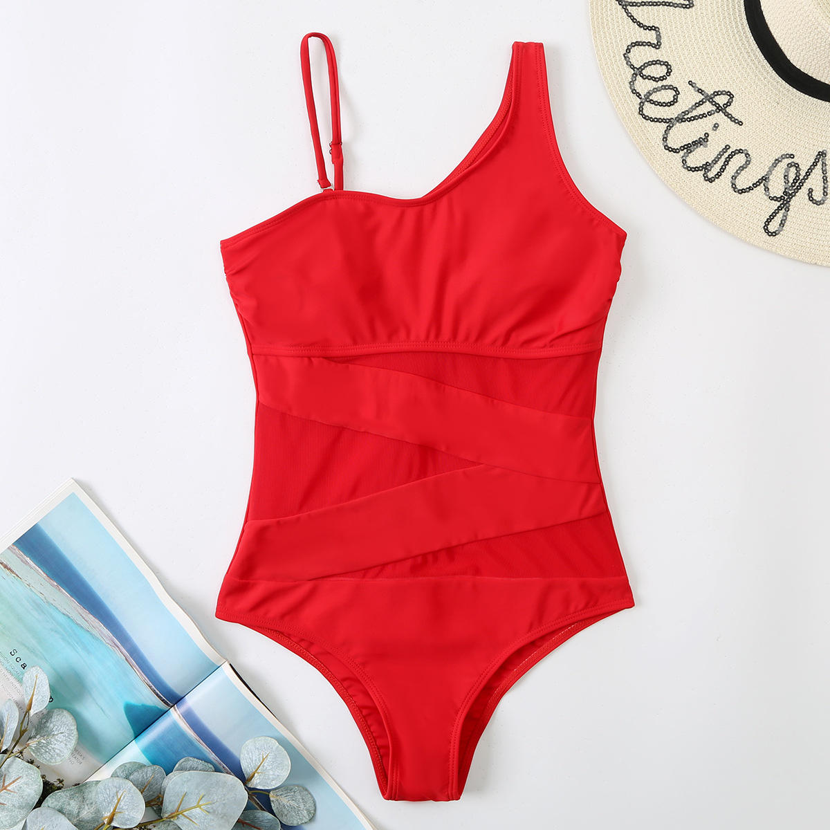 Patchwork Mesh Women's One-Piece Slash Shoulder Swimsuit