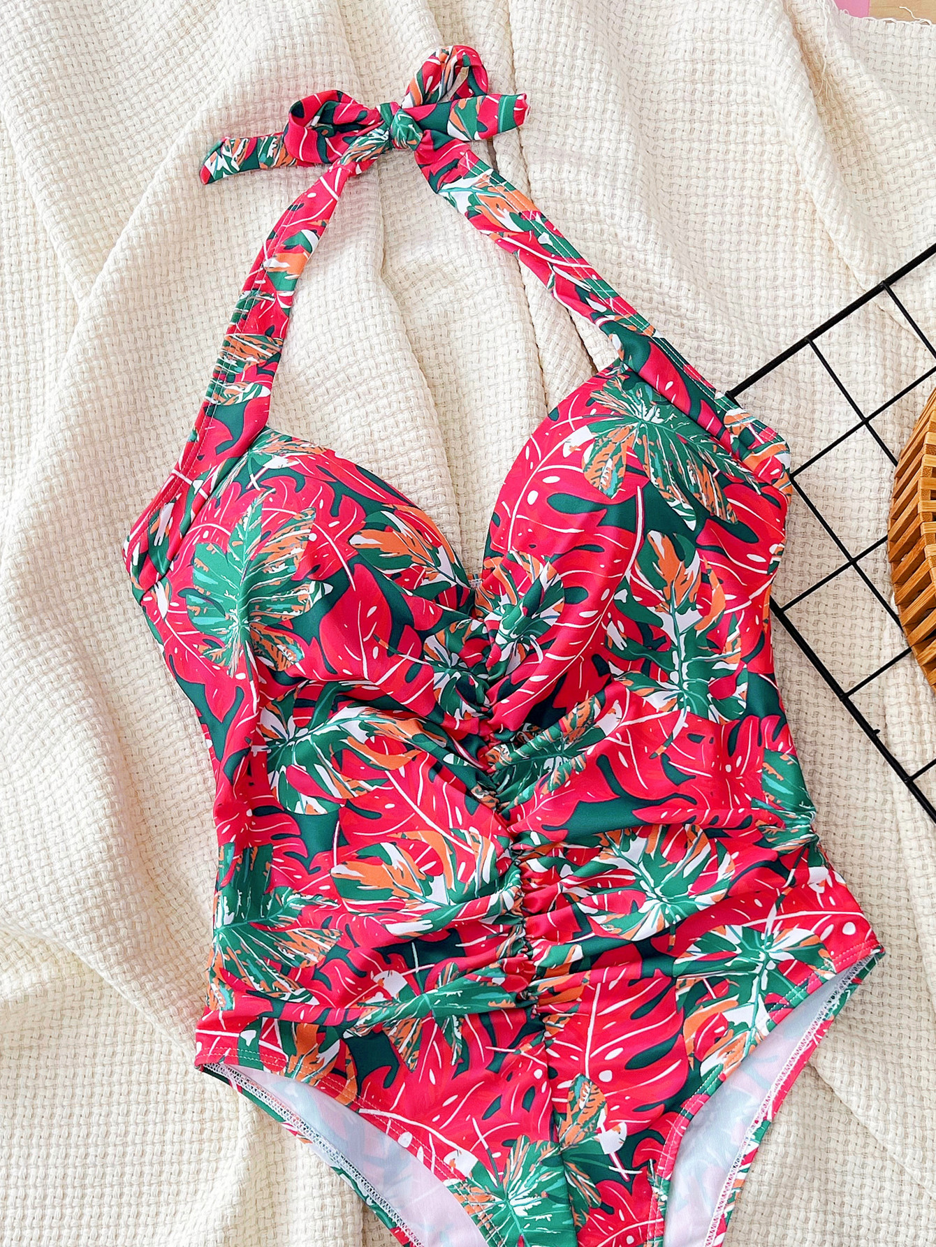 Women bikini print pleated Halter Neck one-piece Swimwear