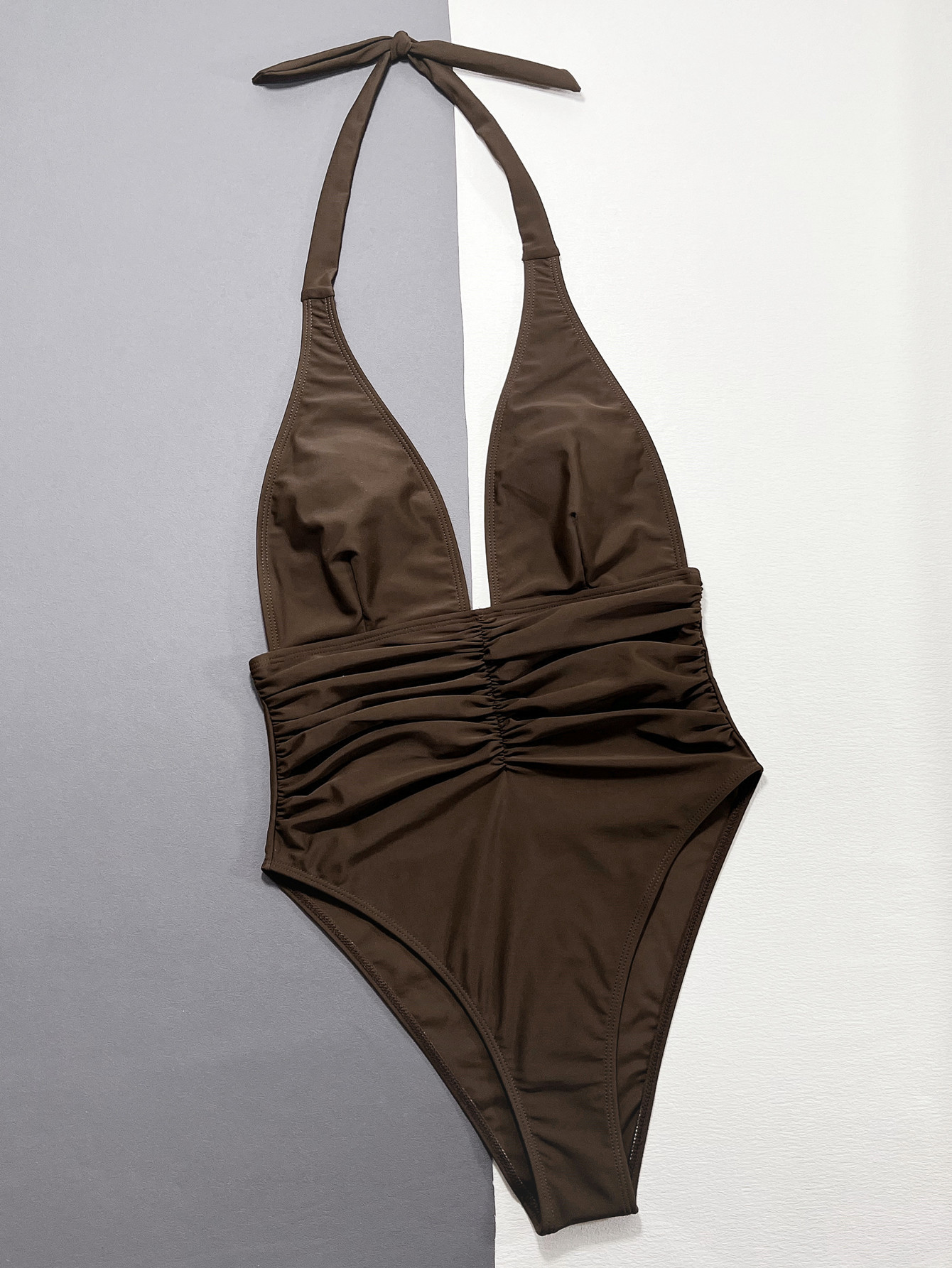 Sexy Brown Deep V Neck One Piece Swimsuit