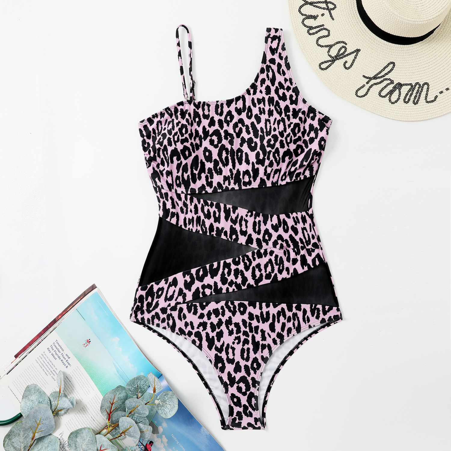 Patchwork Mesh Women's One-Piece Slash Shoulder Swimsuit