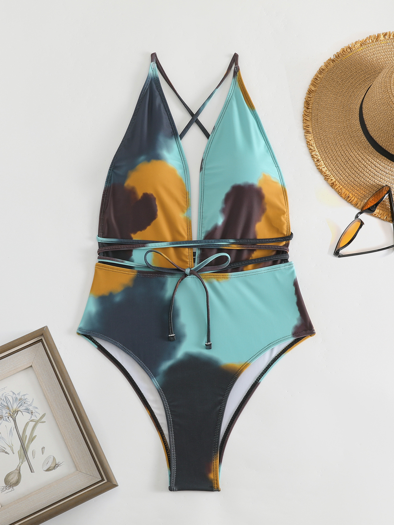 Women's Tie-Dye Printed Deep V-Neck One-Piece Lace-Up Swimsuit