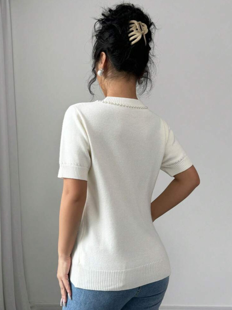 Women Solid Bow Beaded Top Short Sleeve T-shirt