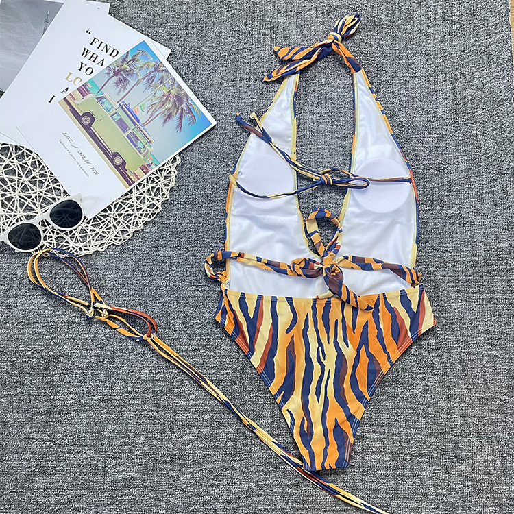 Sexy Hollow Halter Neck Tiger Print Lace-Up One-Piece Swimsuit