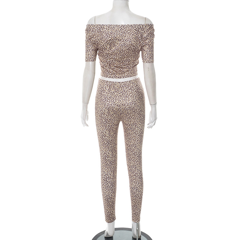 Women Spring and Summer Leopard Print Off Shoulder Top and Crop Pants two-piece set