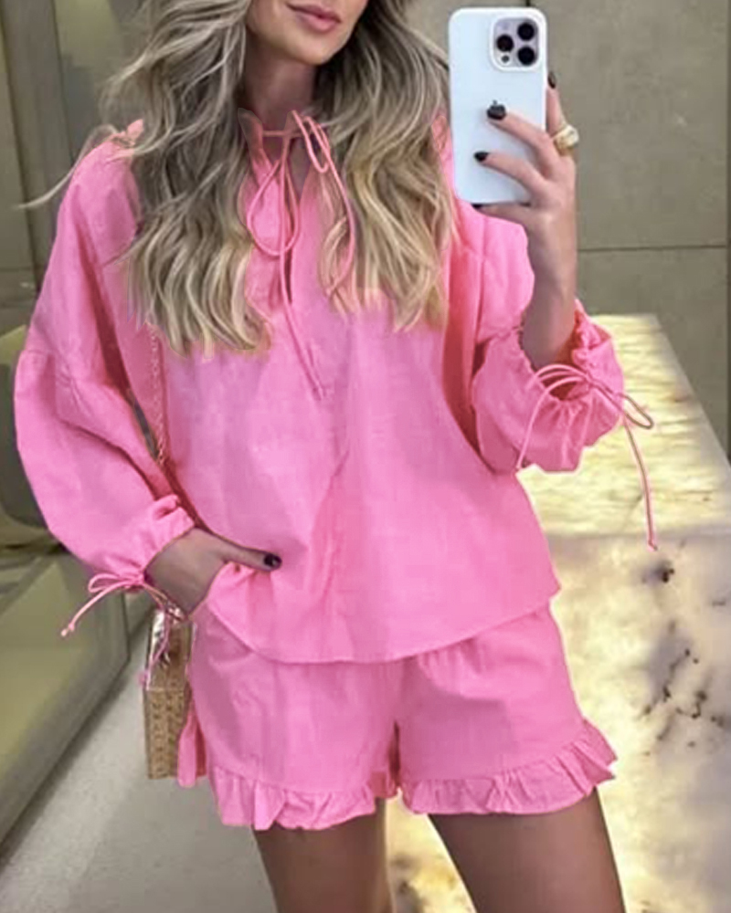 Women Rose Neck Lace-Up Puff Sleeve Top and Ruffle Edge Shorts Two-Piece Set