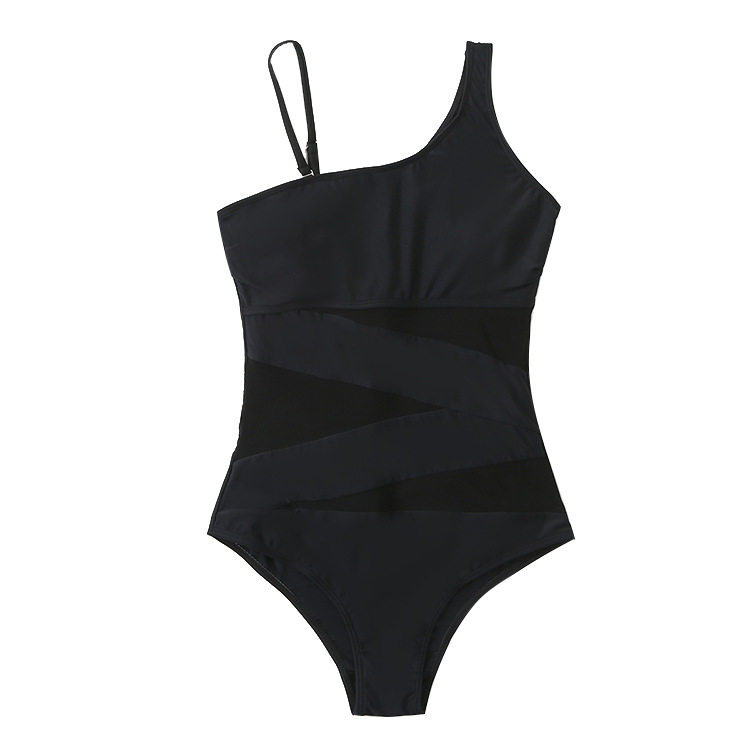 Patchwork Mesh Women's One-Piece Slash Shoulder Swimsuit