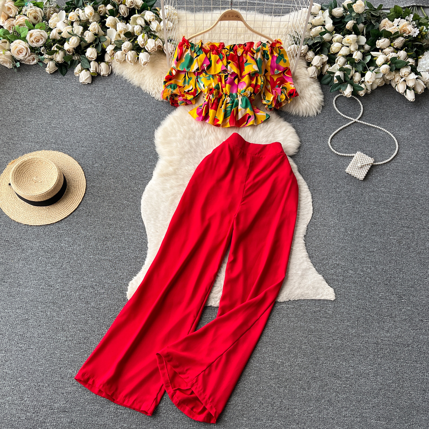 Women French Off Shoulder Ruffled Floral Blouse and Wide Leg Pants Two-Piece Set