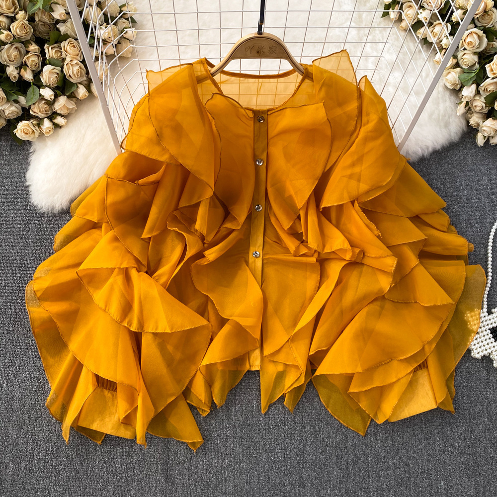 Women Round Neck Irregular Lotus Long Sleeve Casual Top Shirt