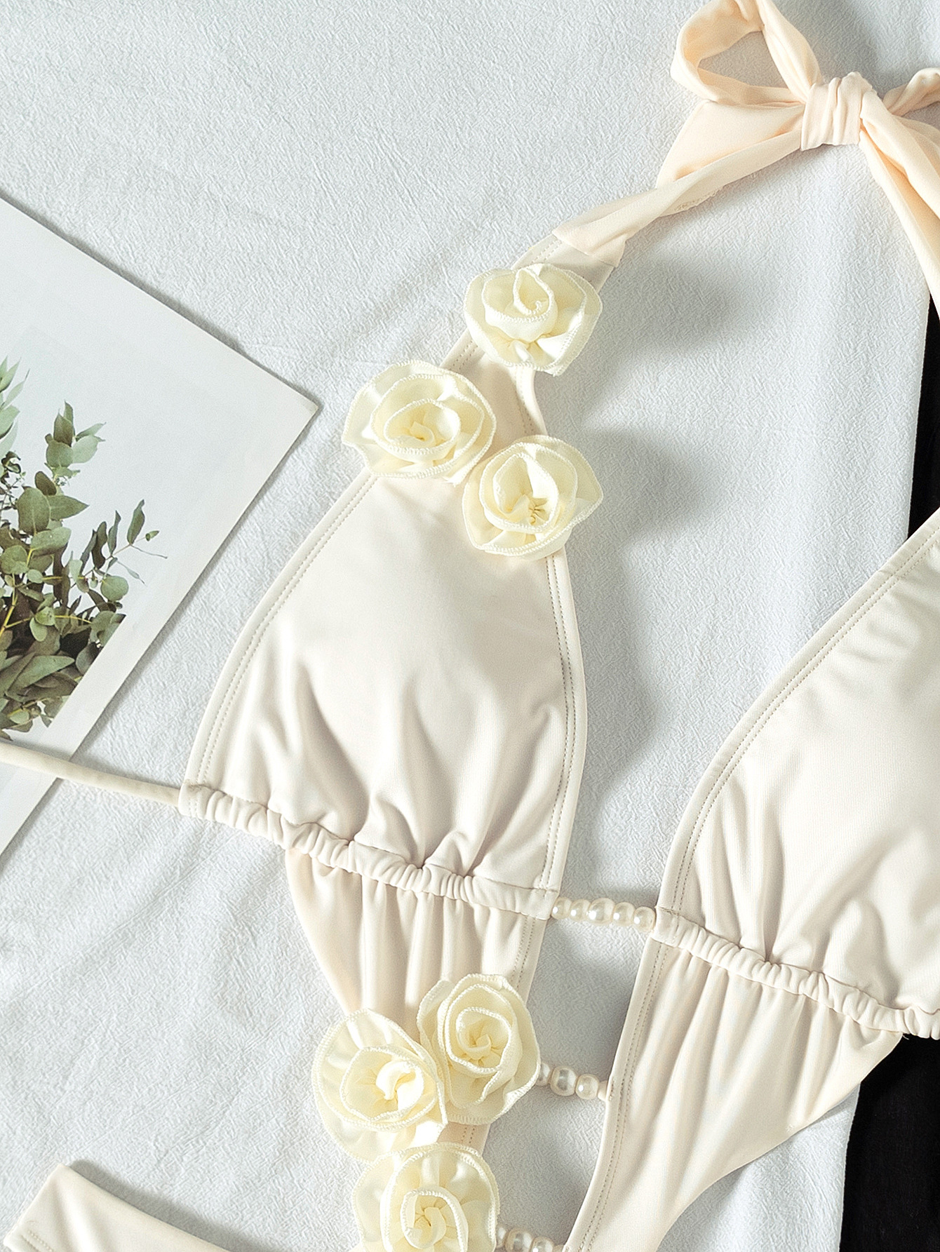 Women Solid Lace Pearl Flower Decoration Beach Sexy One-Piece Swimwear