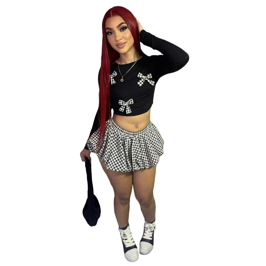 Bow Knot Long Sleeve Crop Top Shorts Two Piece Set