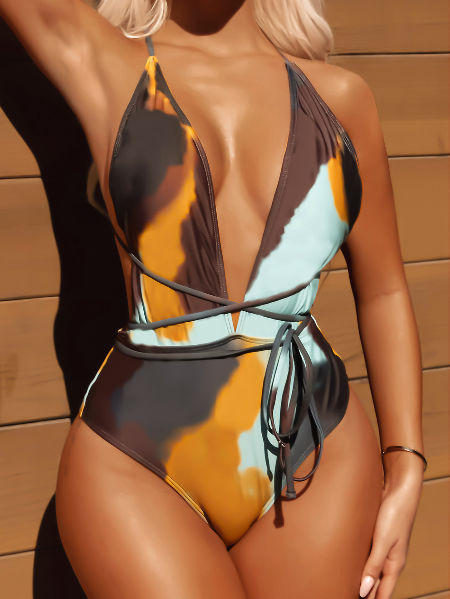 Women's Tie-Dye Printed Deep V-Neck One-Piece Lace-Up Swimsuit