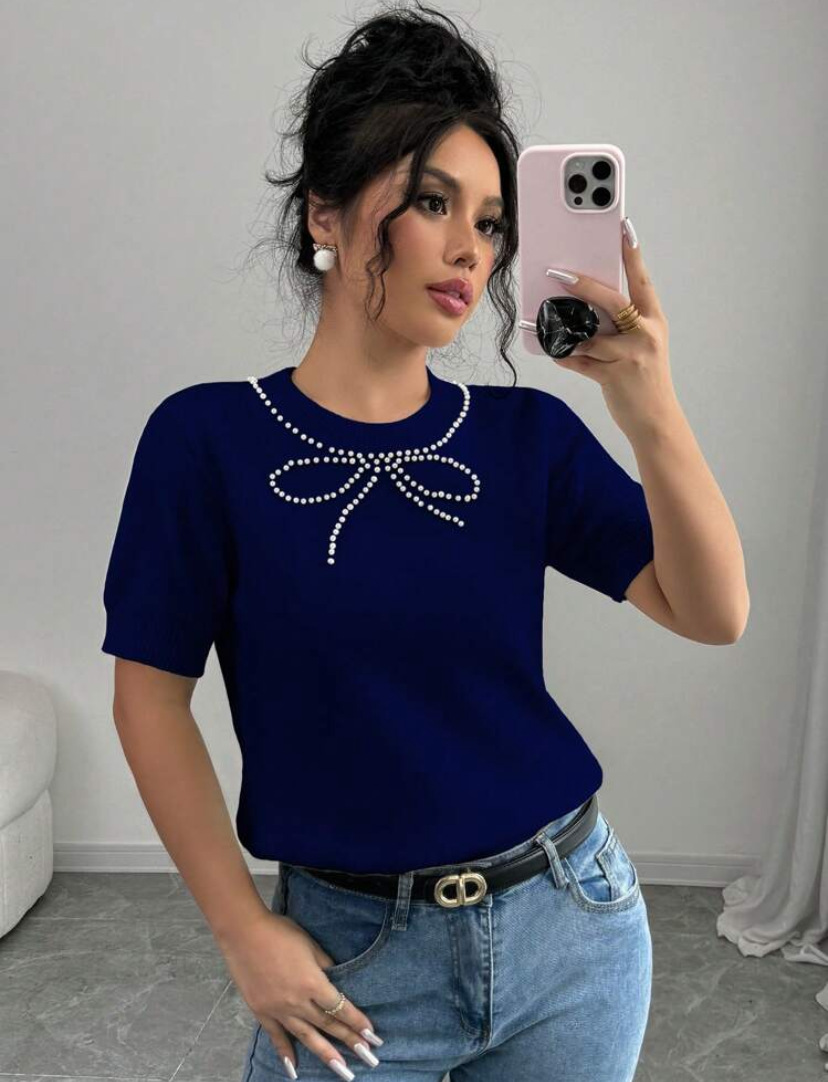 Women Solid Bow Beaded Top Short Sleeve T-shirt
