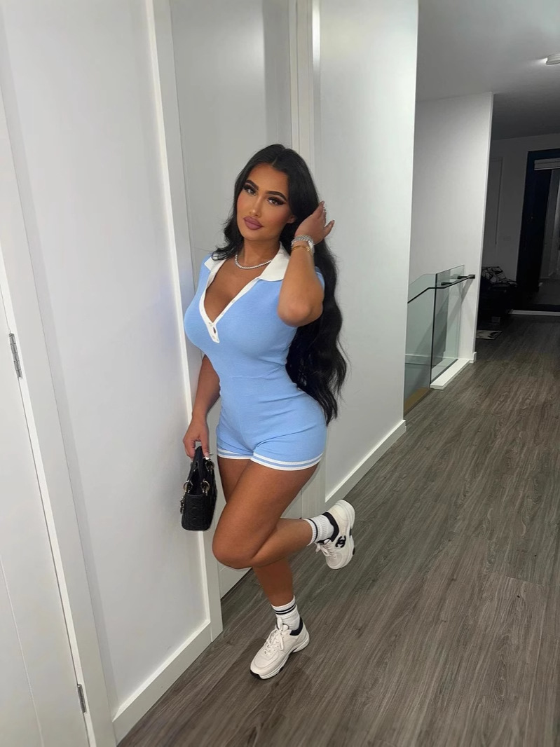 Women Summer American Casual Solid Sexy V-Neck Short Sleeve Jumpsuit