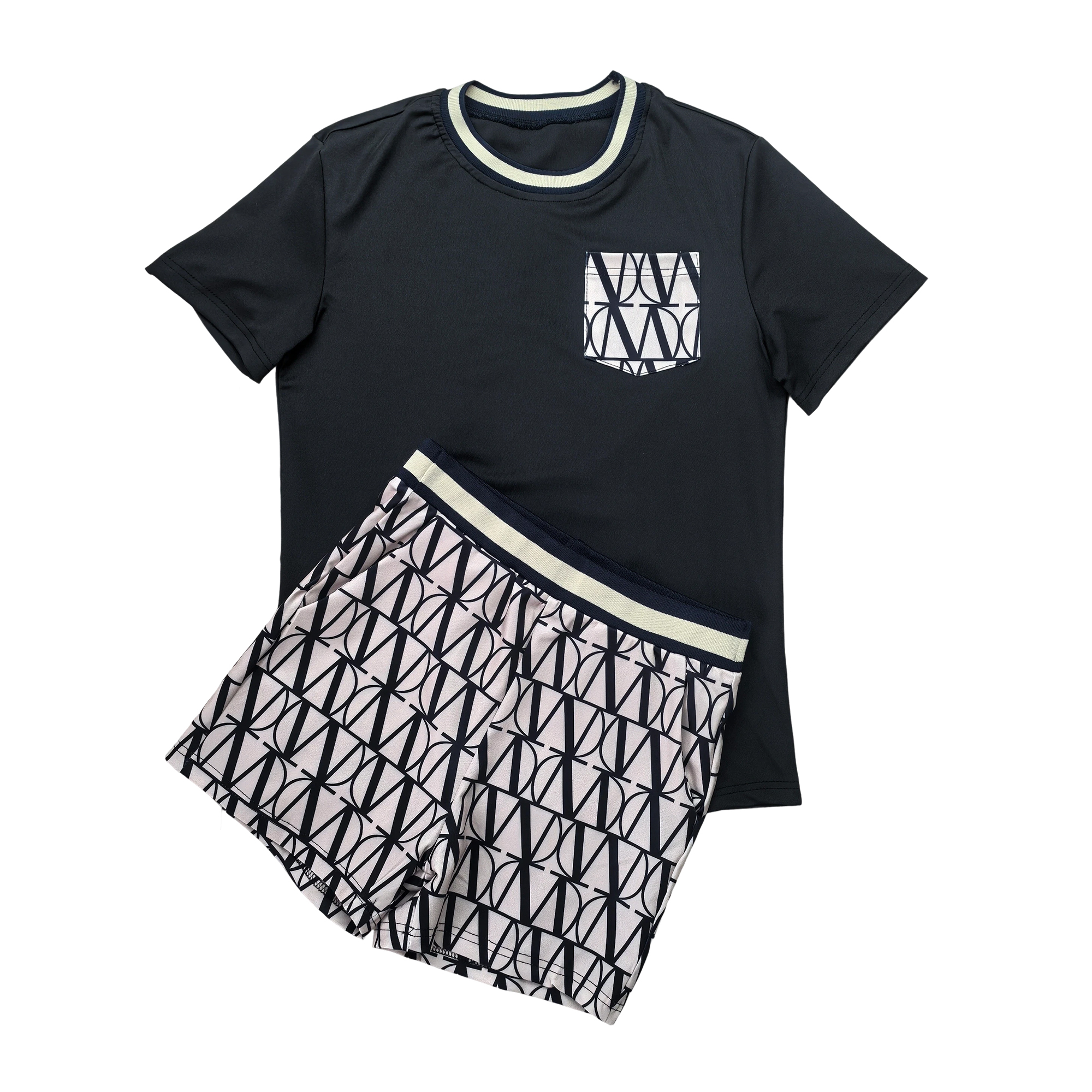 Women summer printed Round Neck pocket short-sleeved top and shorts two-piece set