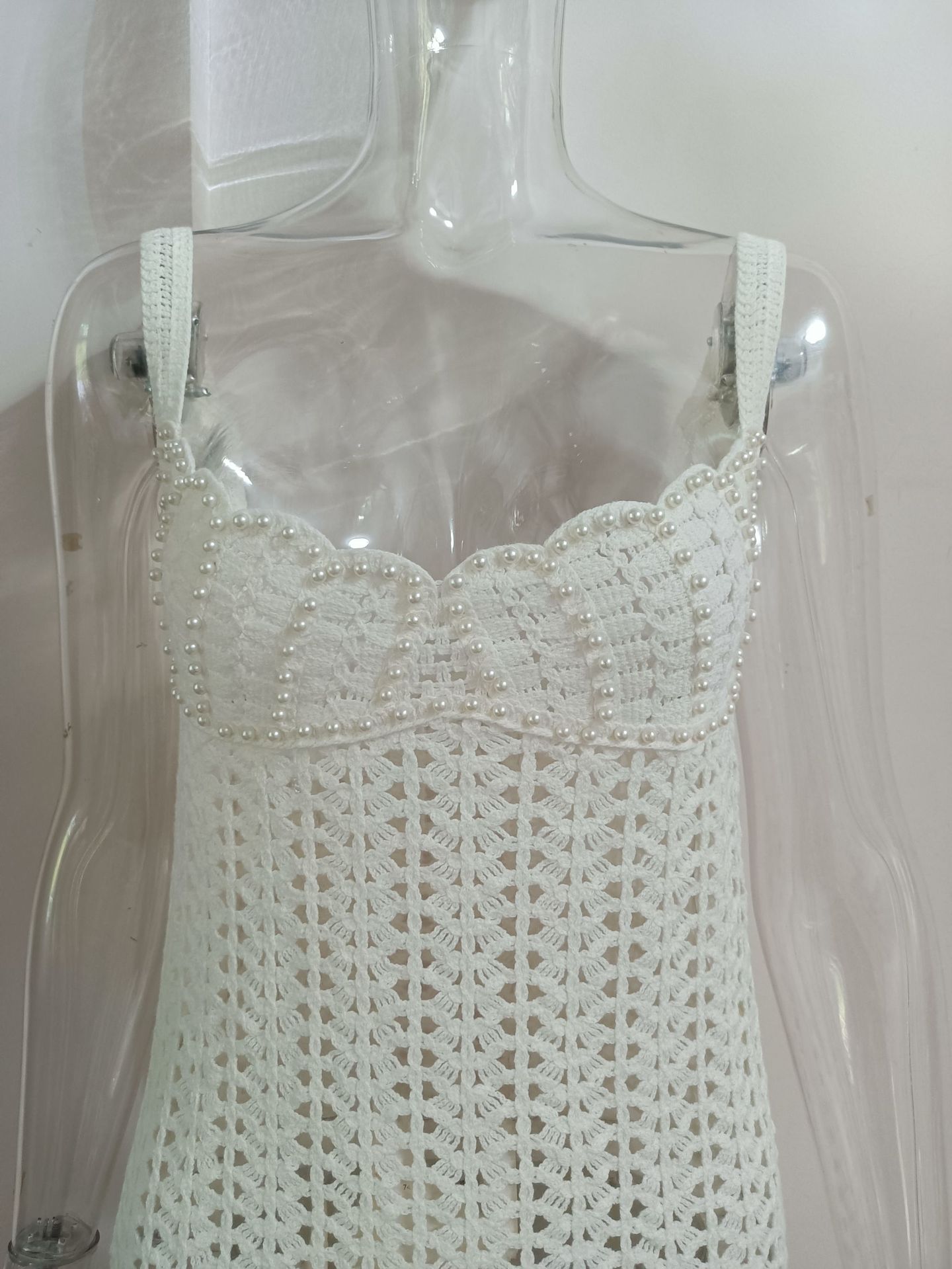 Women knitting v-neck pearl hollow Strap Dress