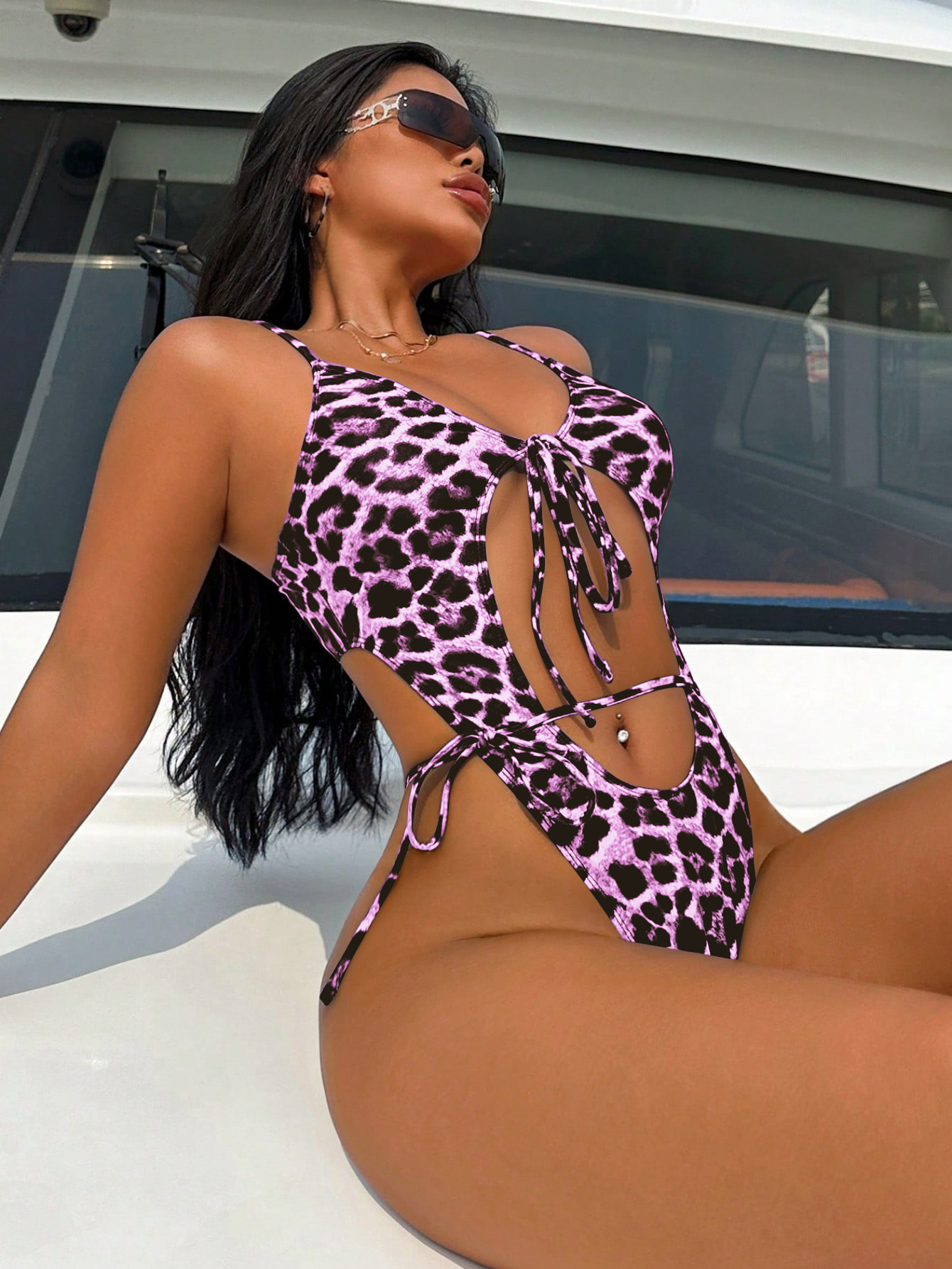 Women Sexy Swimwear  Leopard Print Lace Holidays One-Piece Swimwear