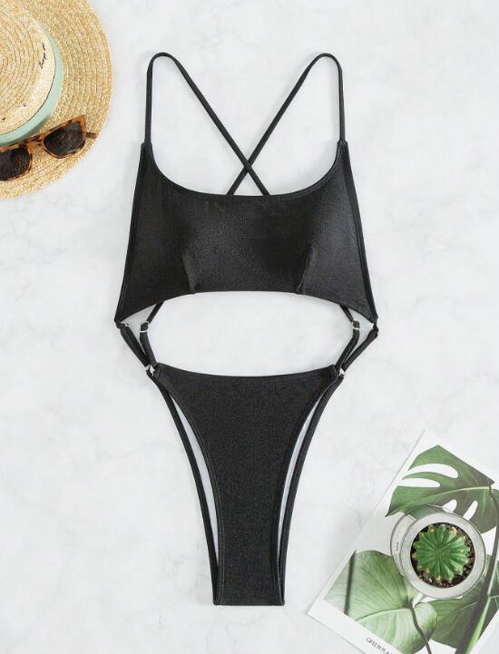 Women Backless Sexy Black Bikini One Piece Swimsuit