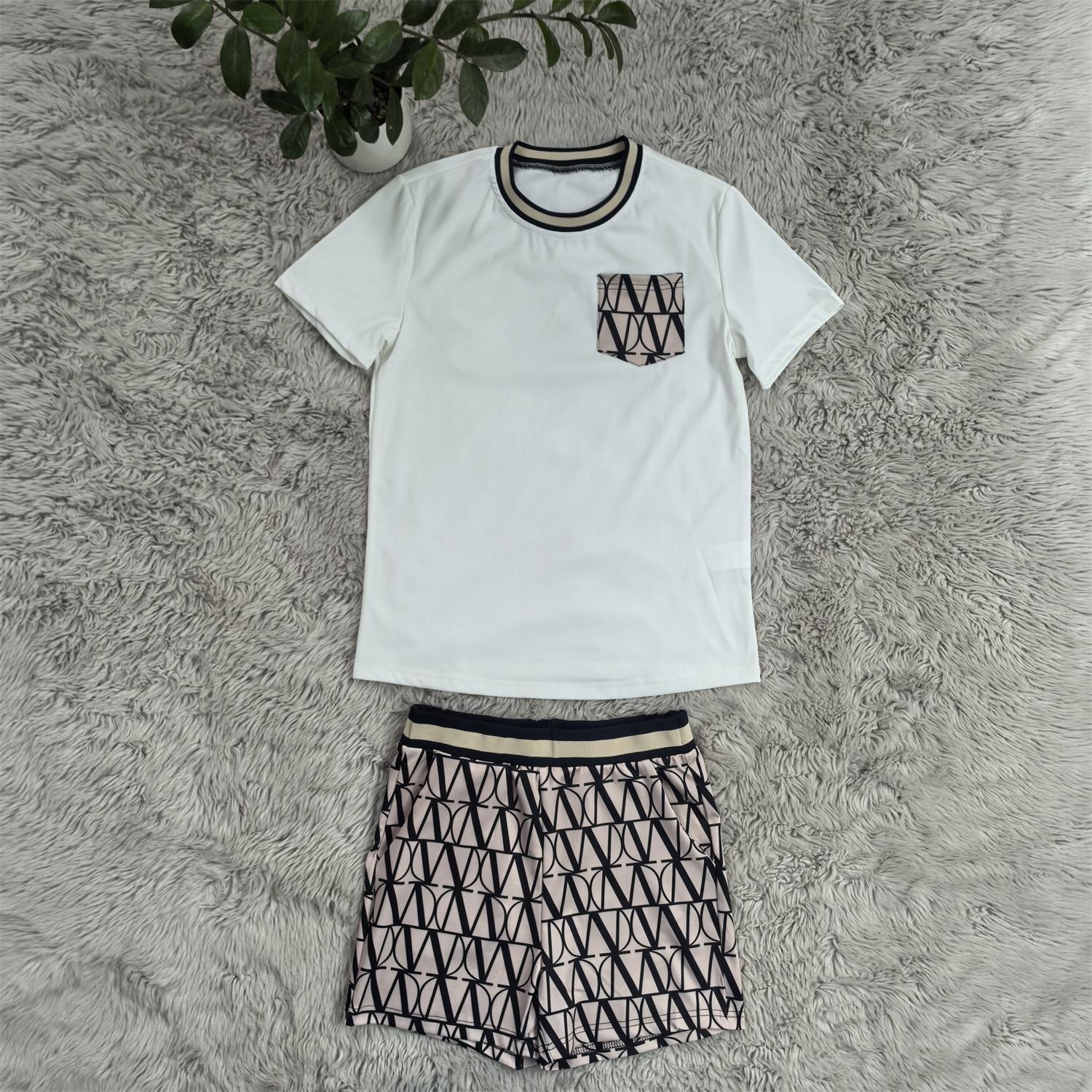 Women summer printed Round Neck pocket short-sleeved top and shorts two-piece set