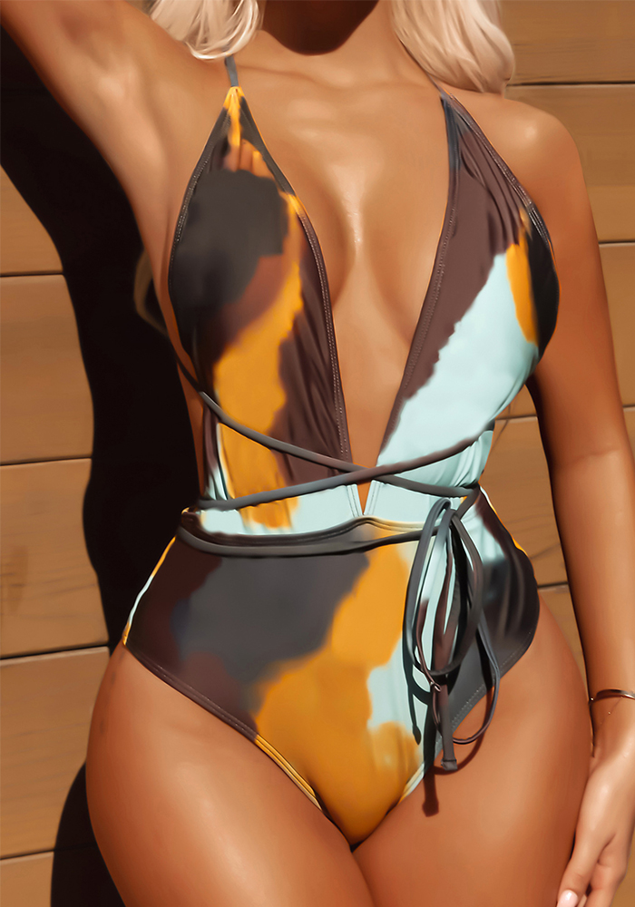 Women's Tie-Dye Printed Deep V-Neck One-Piece Lace-Up Swimsuit