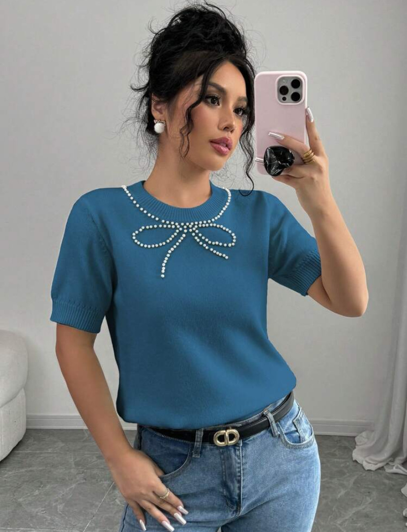 Women Solid Bow Beaded Top Short Sleeve T-shirt