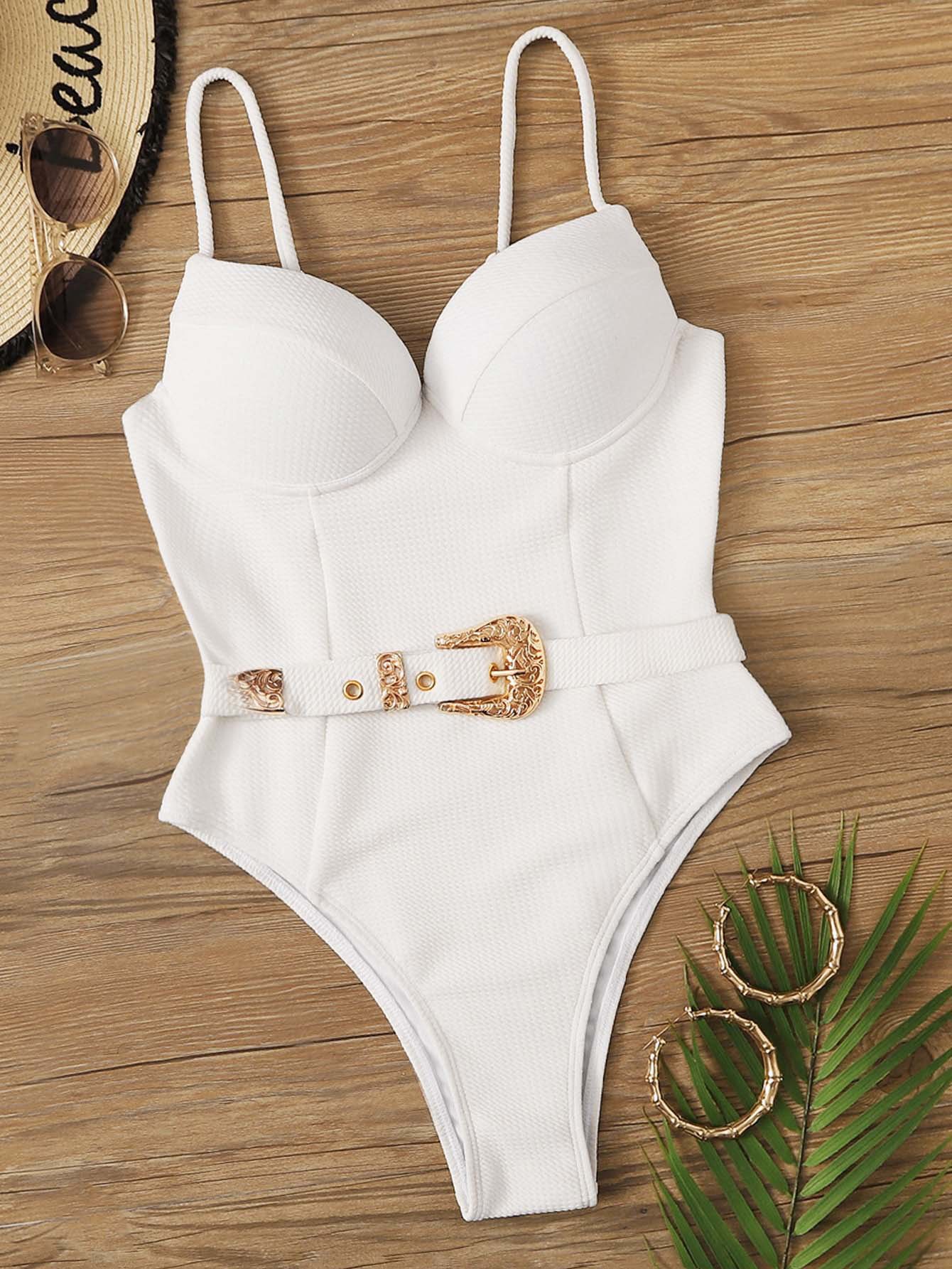 Women's Metal Belt Buckle Solid Color One-Piece Swimsuit
