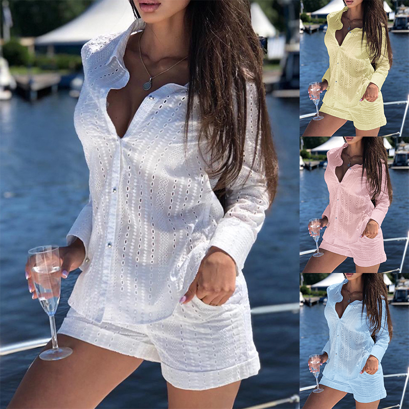 Women White Hollow Shirt + Shorts Two-Piece Set
