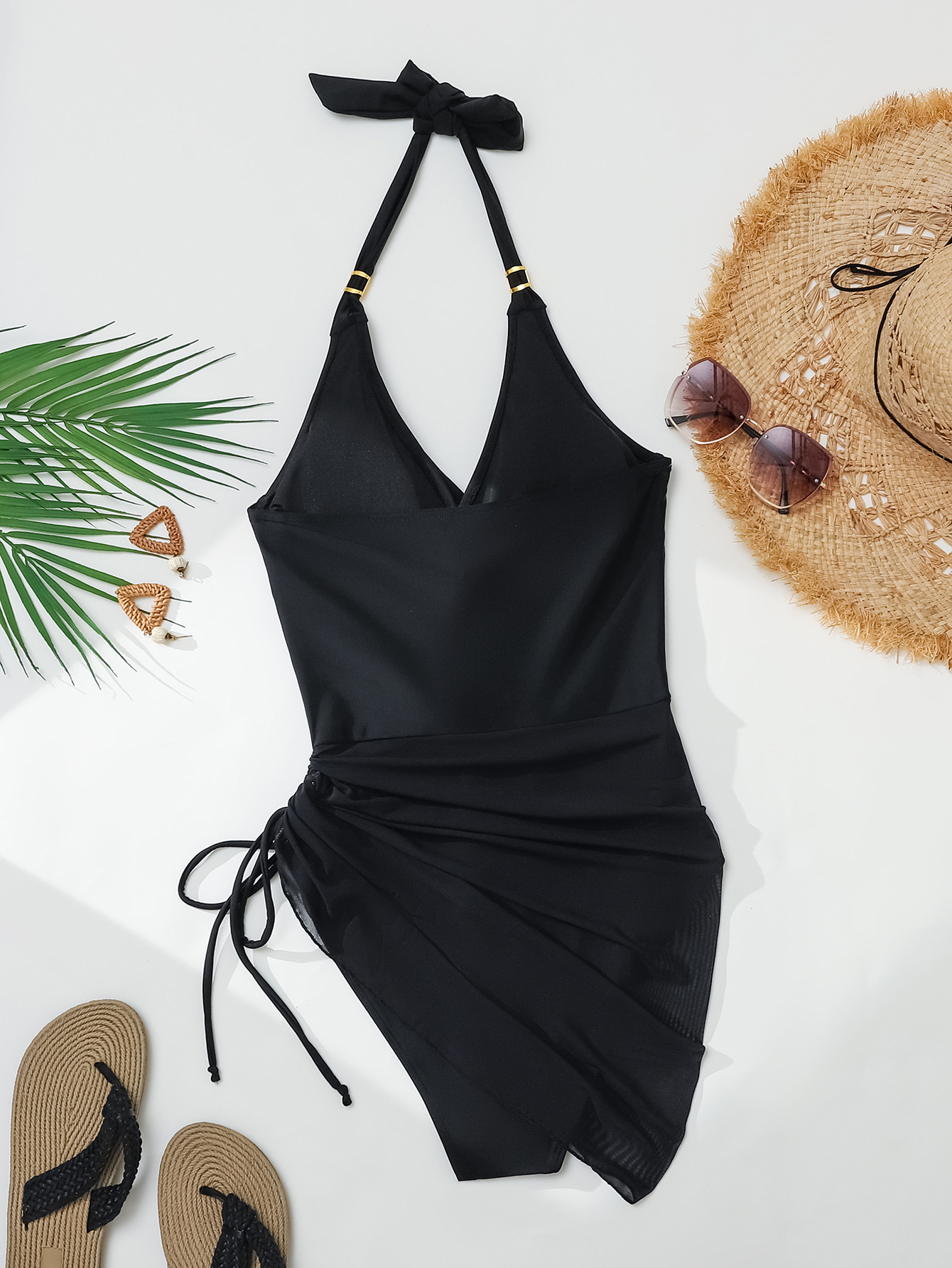Women mesh patchwork drawstring sexy one-piece swimsuit