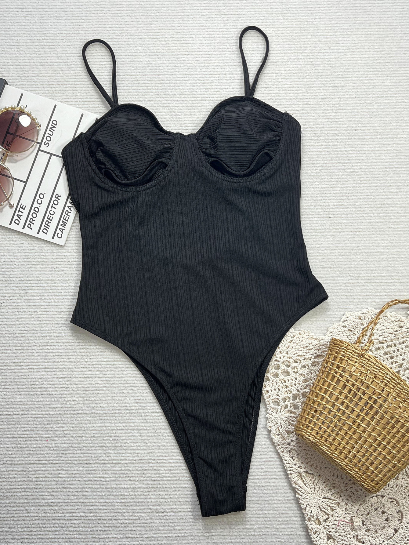 Women Black Hollow Lace-Up One-Piece Swimwear