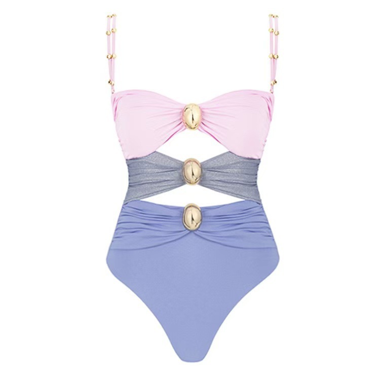 Women Color Block Hollow Sexy One-Piece Swimwear  Two-Piece Set