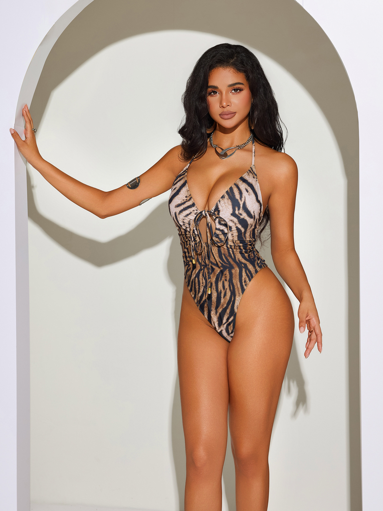 Women bikini bikini leopard print hollow Lace-Up one-piece swimsuit